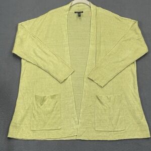 Eileen Fisher Large Organic Linen Ribbed Knit Cardigan Green Canary Pockets Open